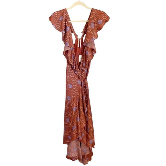 Anthropologie Ruffle Sleeve Printed Wrap Maxi Dress XS Brown NWT - Picture 4 of 10